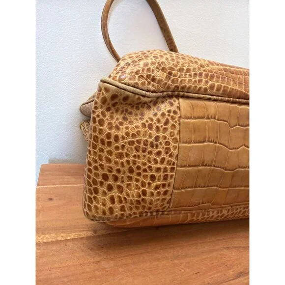 Longchamp Tan Croc-Embossed Roseau Leather Tote Handbag With Silver Toggle Closu